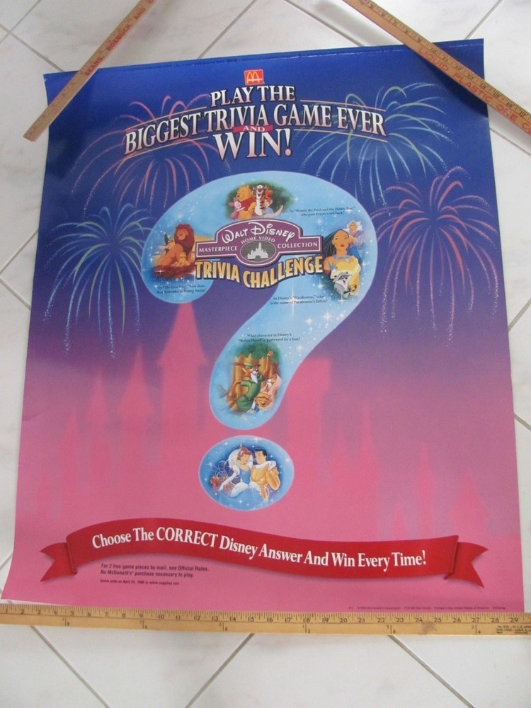 Disney McDonald's TRIVIA CHALLENGE CONTEST Poster - Good Condition/used in store