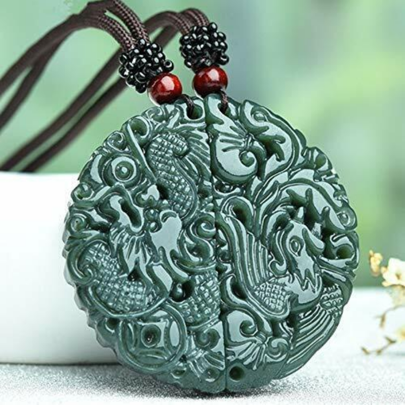 1pair Green Jade Pendant Carved Chinese Dragon Phoenix Pendant Necklace Jewelry