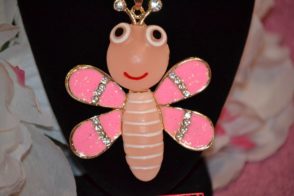 Collar Suéter Colgante Betsey Johnson Cristal de Resina Rosa Abejas Grandes -BJ40-image