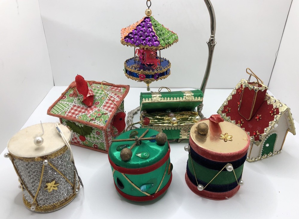 Vintage Christmas Lot of 7 Cardboard Velvet Bead Ornaments
