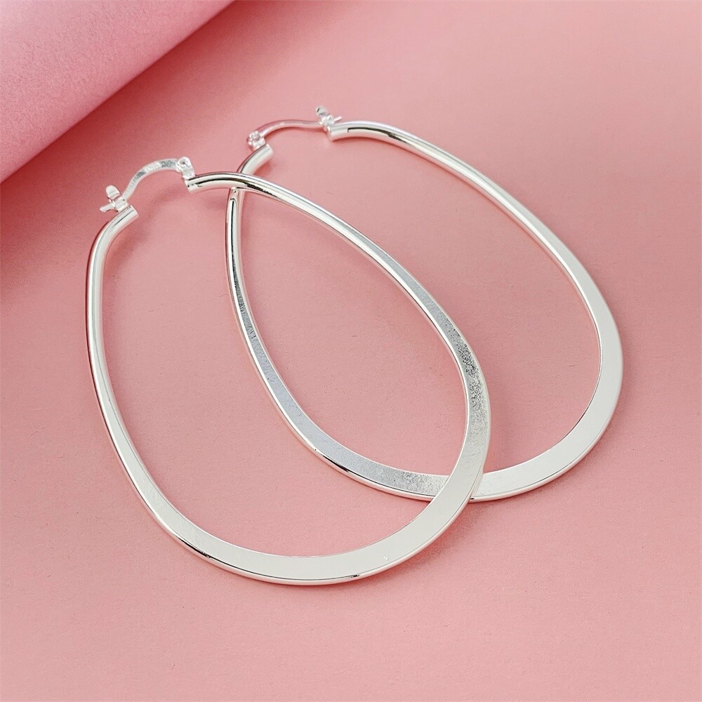Women Party Jewelry 925 Silver Big Oval Hoop Huggie Earrings Size 5x7CM