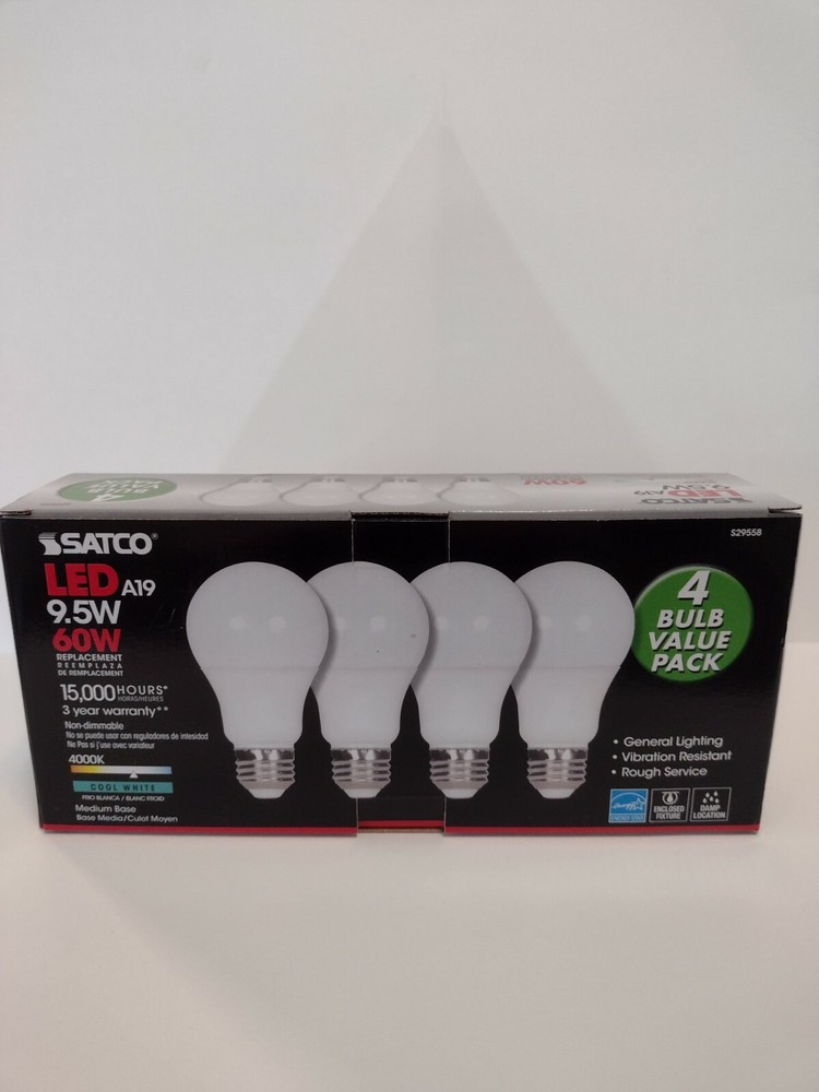 Satco S29558 9.5 W 4000K LED A19 Bulb 4PK.