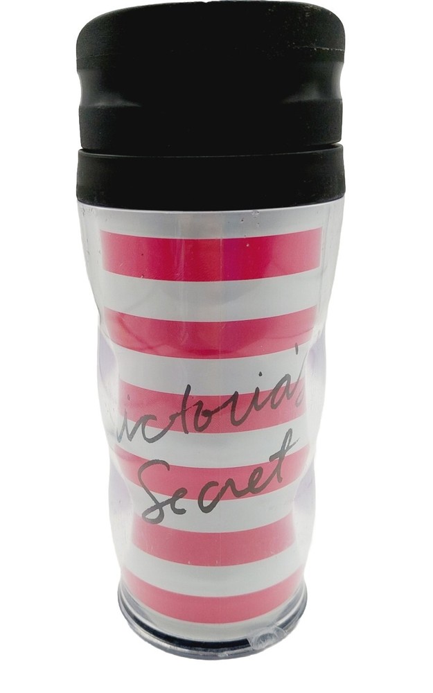 Victoria`s Secret Pink White Striped Tumbler Coffee Cup Mug Thermos Hot / Cold
