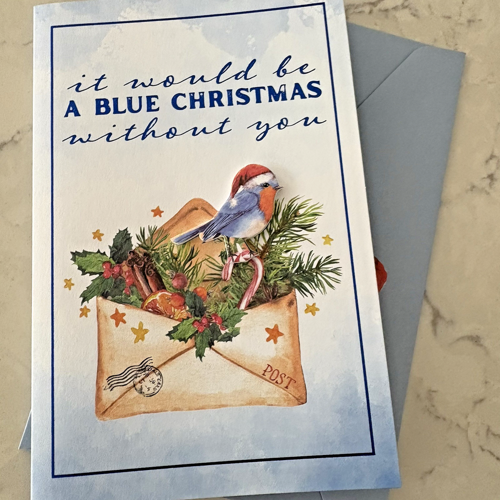 Blue Christmas Greeting Card with Blue Bird Design-image