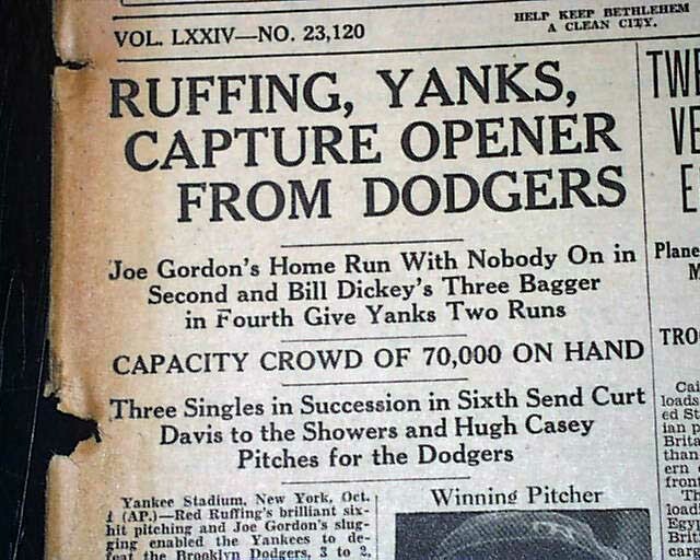 NEW YORK YANKEES vs. Brooklyn Dodgers SUBWAY Series 1941 World Series Newspaper