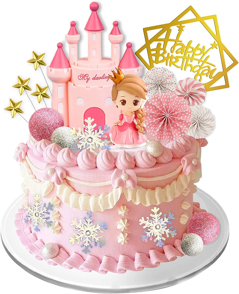 19PCS Princess Castle Cake Topper with Snowflakes for Girls Birthday Party