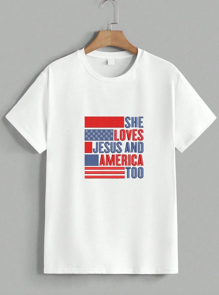Retro She Loves Jesus America Too USA Flag Patriotic Christian T-Shirt Unisex