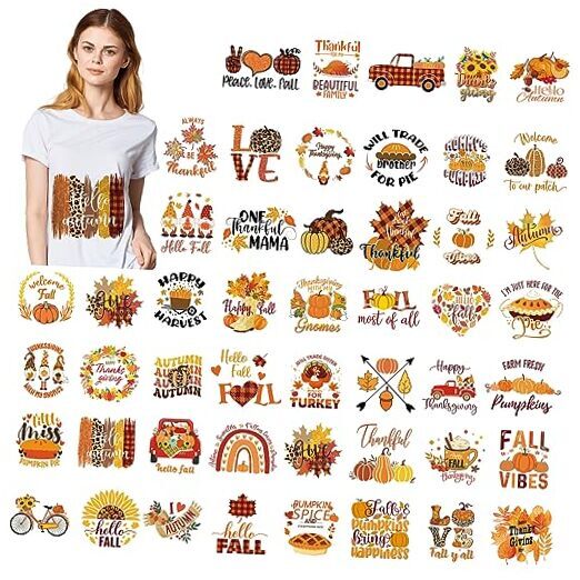 48 Pcs Fall Iron on Transfers for T Shirts Thanksgiving Pumpkin Iron on