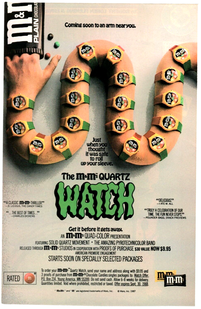 1987 M&M's Candy Quartz Watch Promo PRINT AD ART - Great Collectible Item RARE