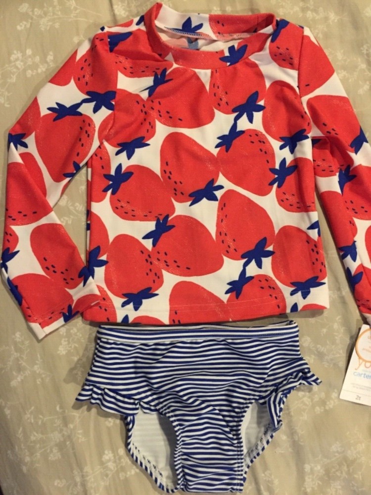 2 T Carter's Just One 2pc Set Red Blue Strawberry Rashguard Swim Suit Girl NWT