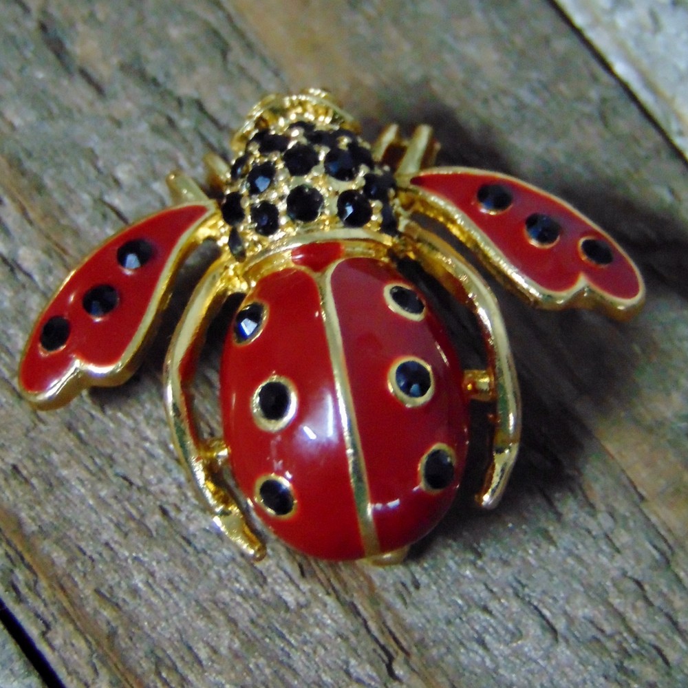 Broche Joan Rivers Cristal LADYBUG ABEJA Esmalte Rojo Negro Ónix Estrás NUEVO-image