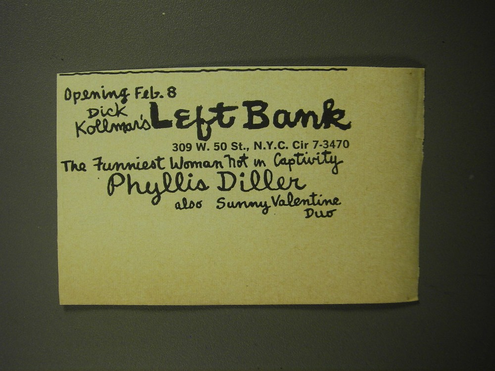 1960 Left Bank Club Ad - The funniest woman not in captivity Phyllis Diller-image