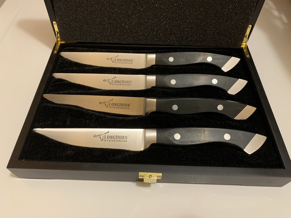 Brand New Longhorn Steakhouse Steak Knives, Set of 4 with Wood Case