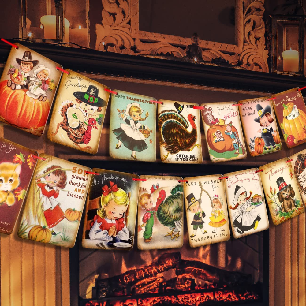 Vintage Thanksgiving Banner with Turkey and Pumpkin Garland Decor