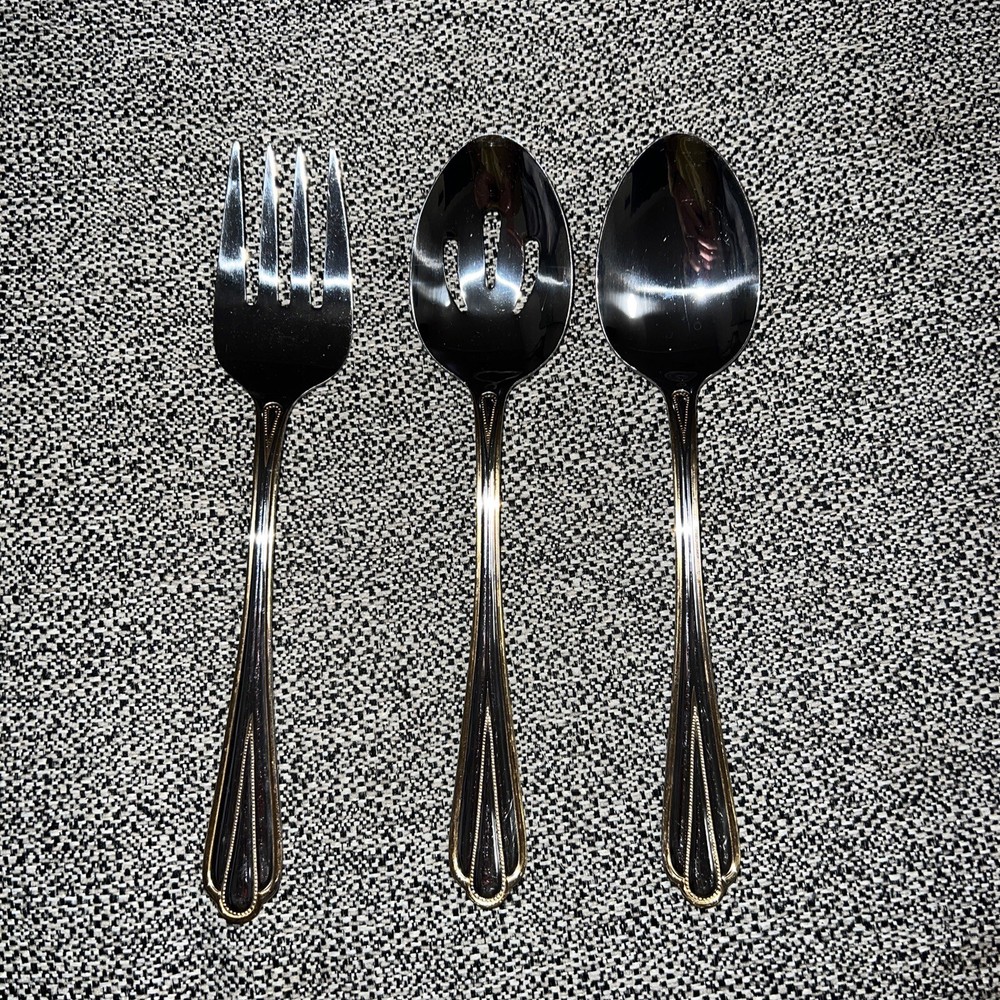 Hampton Silversmiths Set 3 Pieces Gold Trim Stainless China 199 Serving Utensils
