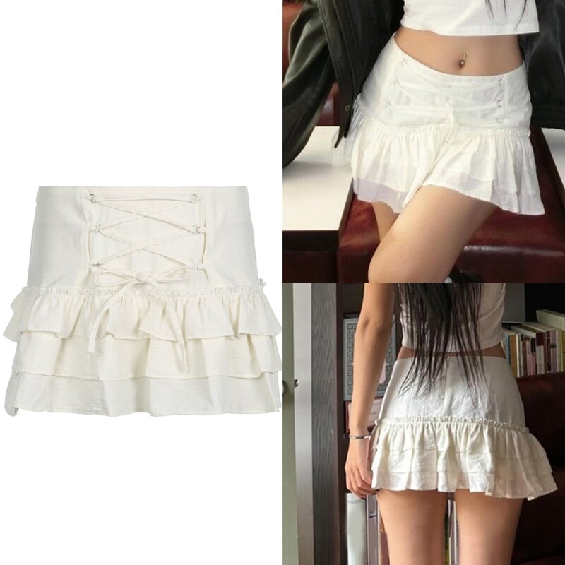 Fairycore Sweet Tie Up Pleated Tiered White A Line Mini Skirt for Women