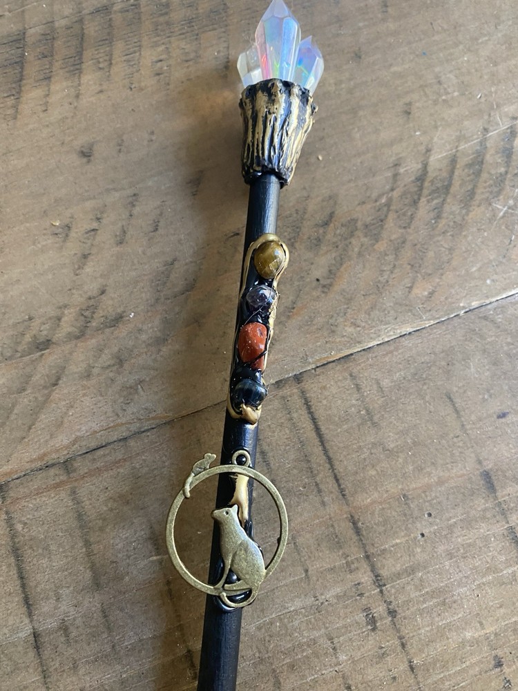 Witchy wand with crystals and a mystical cat pendant