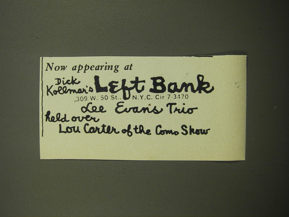 1960 Left Bank Club Ad - Lee Evan's Trio held over Lou Carter of the Como Show-image