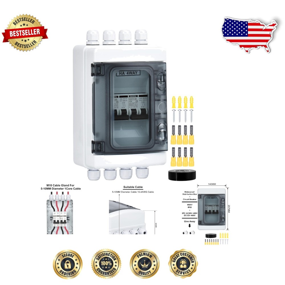 IP65 Rated Solar Disconnect Switch Box, 40 Amp Power Distribution Solution