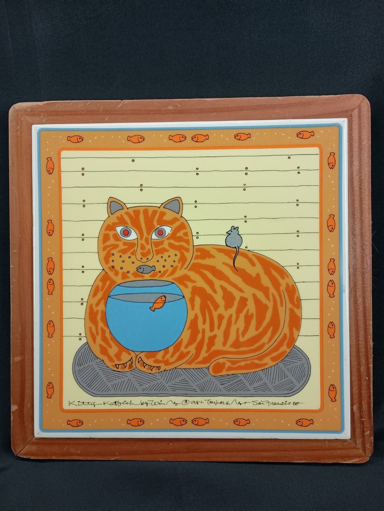 Taylor & Ng Art Tile, Kitty Katfish by Win Ng San Francisco, Cat w/Fishbowl Vtg