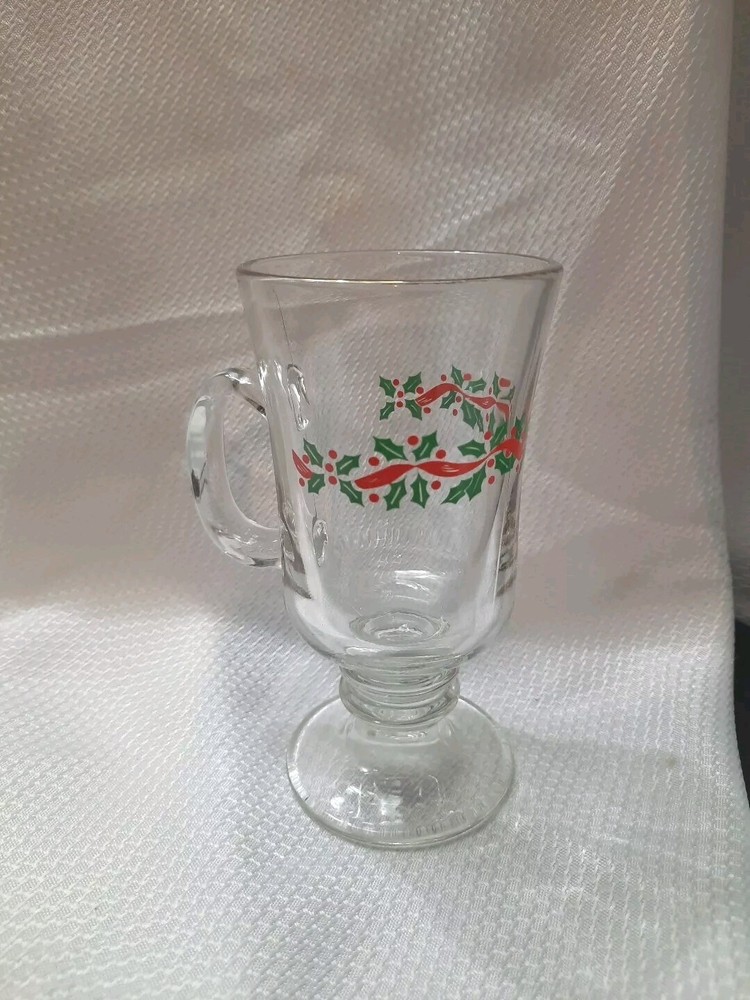 Libbey Glass Holly Berry  Mug cup footed pedestal 5.75 Holiday Cheer Festive