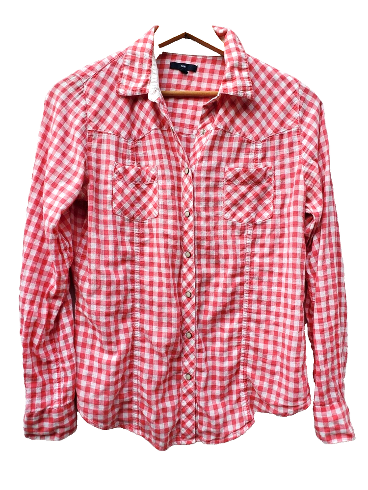 GAP large pink and white checked SNAPPED top shirt blouse womens, cotton & span.