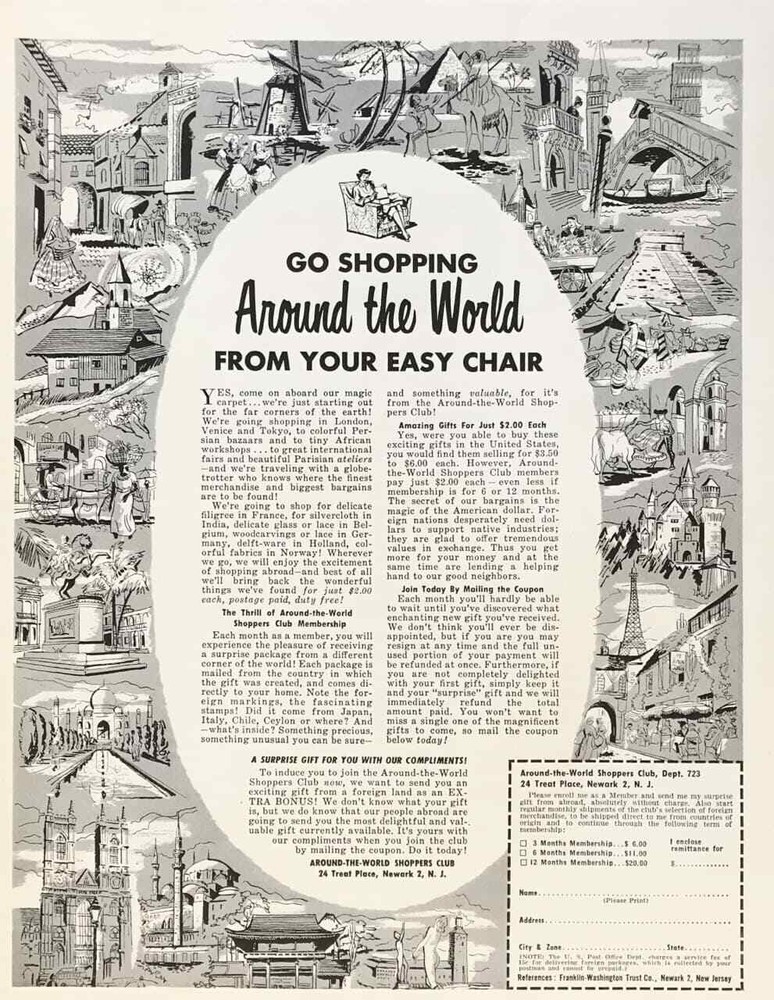 1953 Around the World Shoppers Club Ad – Order International Goods from Home-image