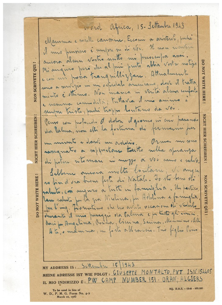 1943 US Army POW Cover from Oran Algeria to Italy Prisoner of War Mail