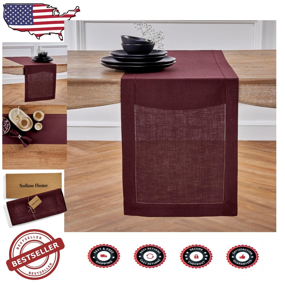 Elegant Burgundy Linen Table Runner 14x132 with Classic Hemstitch for Weddings and Events