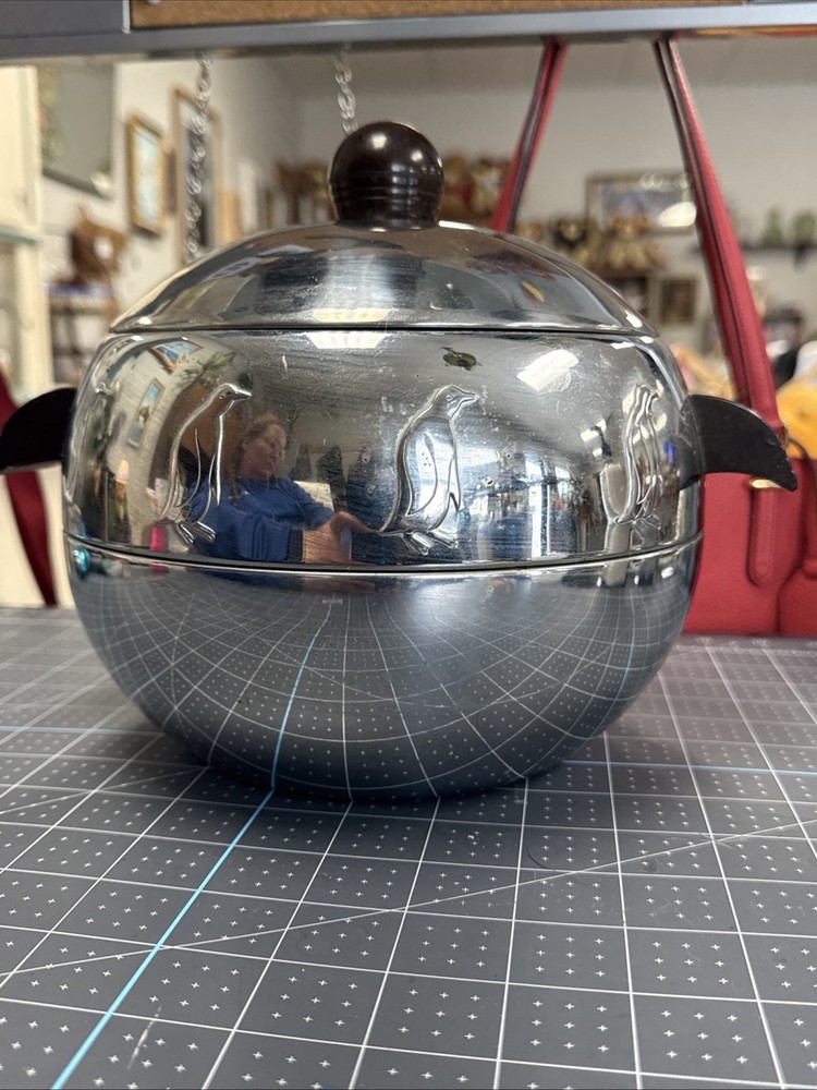 Vtg West Bend Penguin Hot And Cold Server Chrome Wood Handles