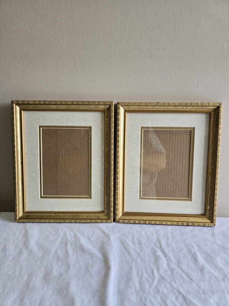 Set Of 2 Ornate Gold Picture Frames W/Glass & Mat Wall Art Gallery Decor