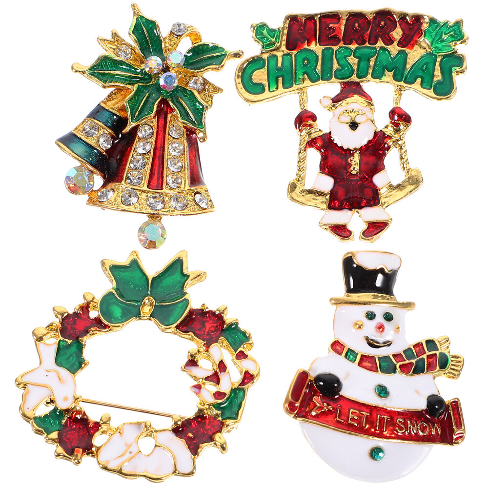 4 Pcs/set Holiday Pins Rhinestone Brooch Christmas Ornament