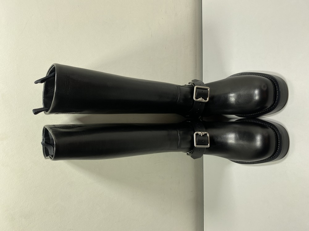 Burberry Womens Leather Saddle High Boots Size 8 Buckle Harness Round Toe Black