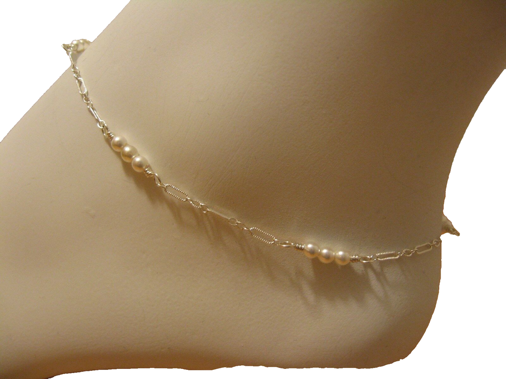 Handmade Swarovski White Pearl Anklet on Sterling Silver Elegant Gift