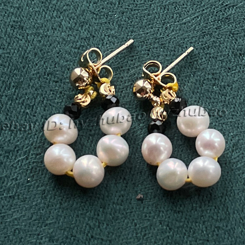 5-6mm White Akoya Pearl Gold Stud Earrings with Dangle Beads-image