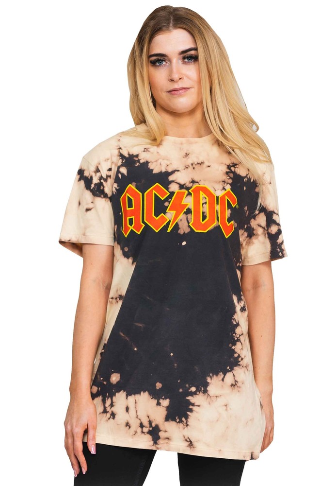AC/DC Classic Band Logo Unisex Official Dip Dye T-Shirt in Tan and Black for Fans and Music Lovers