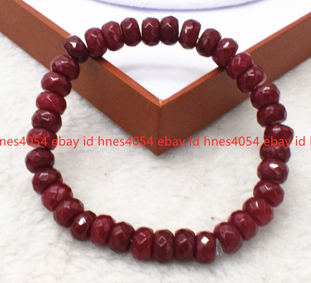 Handmade 5x8mm Faceted Natural Red Jade Gemstone Stretch Bracelet 7.5 Inch