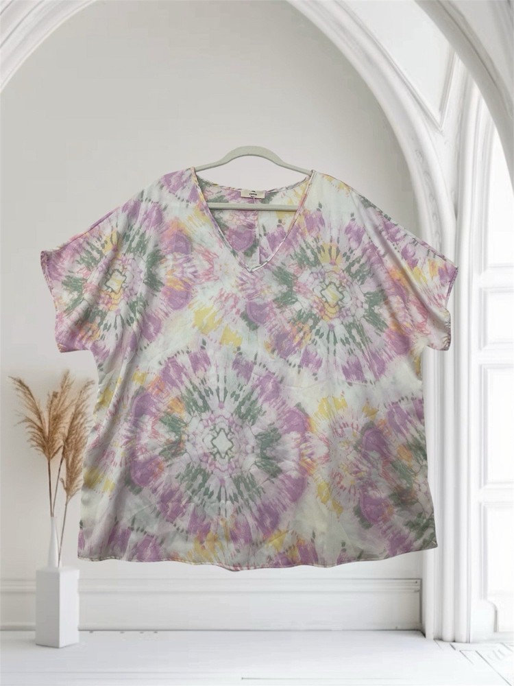 Entro Satin Tie Dye V Neck Tunic Top Women’s Size XL Relaxed Boho Chic