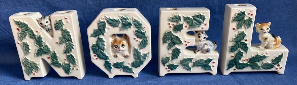 Vintage Lipper &Mann 4 pc Christmas Noel Candle Holders Cats Kittens Holly Rare