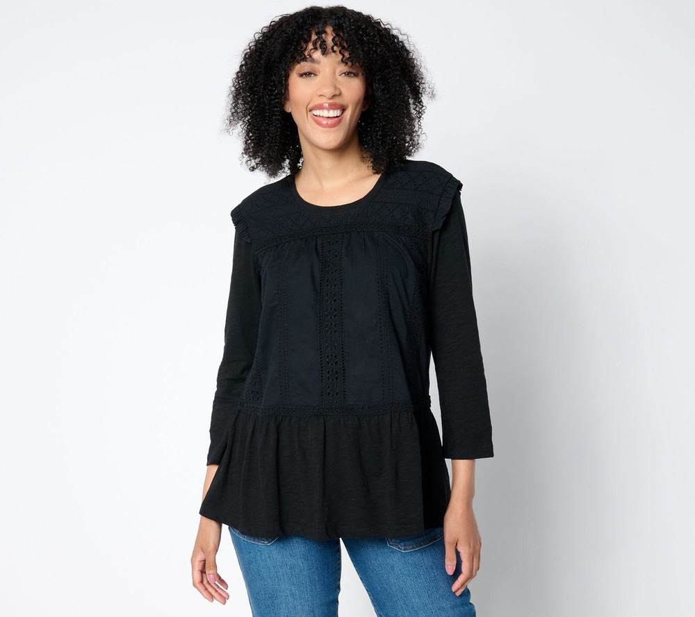 LOGO by Lori Goldstein Women's Top Sz S Sleeve Scoop Neck Lace Mix Black A658934