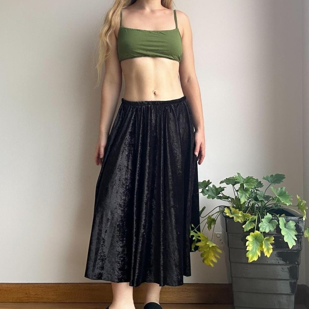 Black Glitter Velvet Midi Skirt with Elastic Waist - Women's Medium