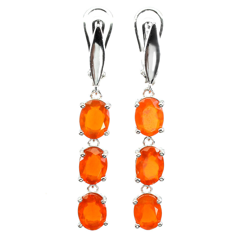 925 Sterling Silver Earrings Oval Orange Opal 8x6mm Natural Gemstone Jewelry
