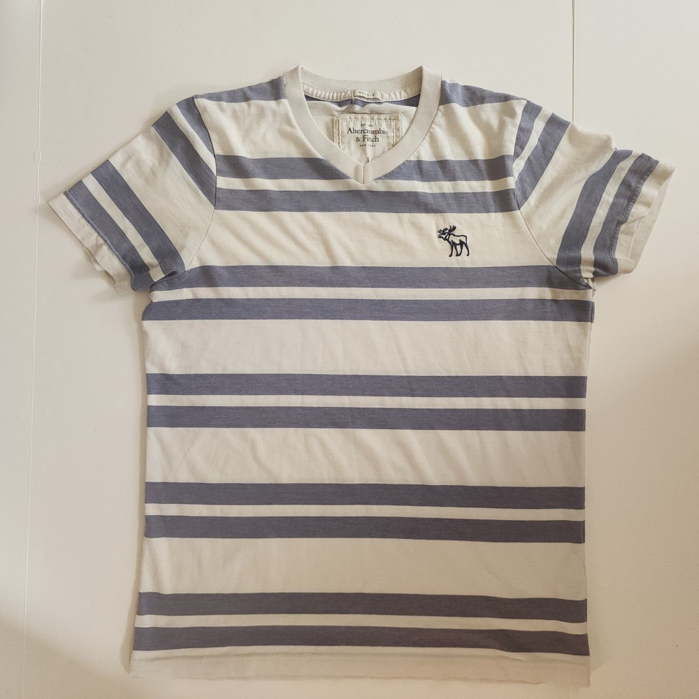 Abercrombie & Fitch Muscle T Shirt Light Blue Striped Moose Logo Short Sleeve L-image