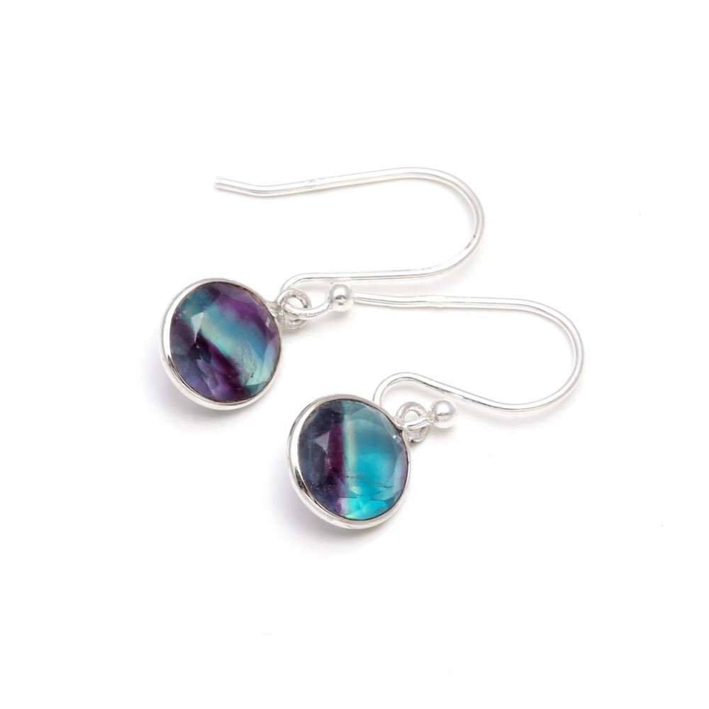AAA Natural Fluorite Round Dangle Earrings in 925 Sterling Silver-image