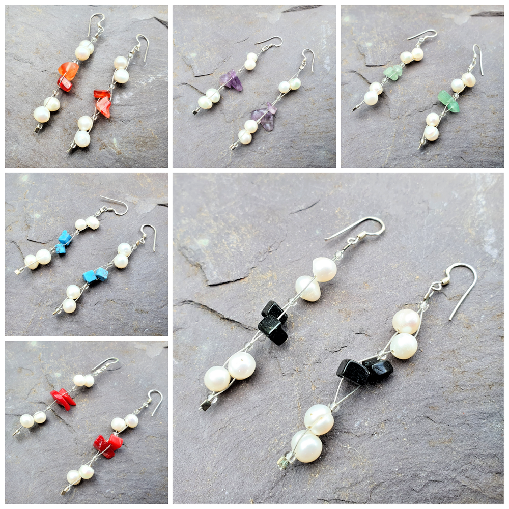 Mixed Gemstone Freshwater Pearl Chakra Healing Earrings with 925 Silver Hooks