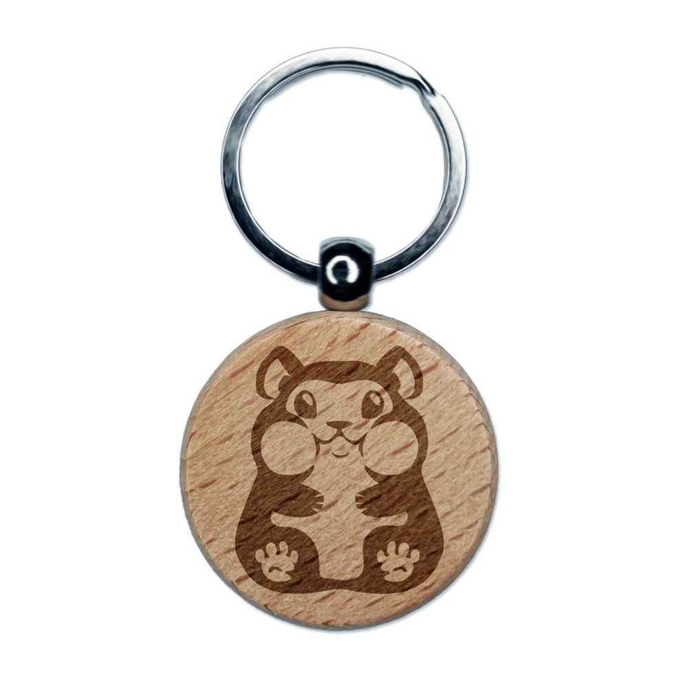 Chubby Cheek Hamster Engraved Wood Round Keychain Tag Charm