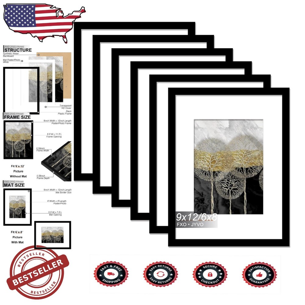 Sleek 9x12 Picture Frame Set of 6 - Modern Matte Black for Stylish Displays