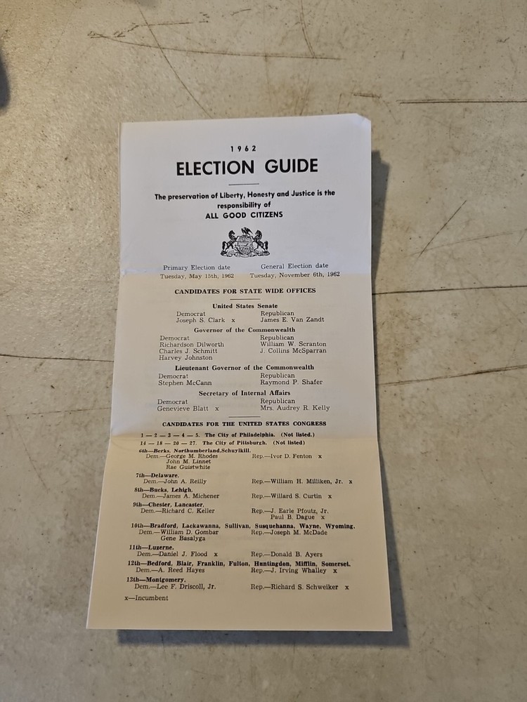 VINTAGE - ELECTION GUIDE - COMMONWEALTH OF PA -  1962