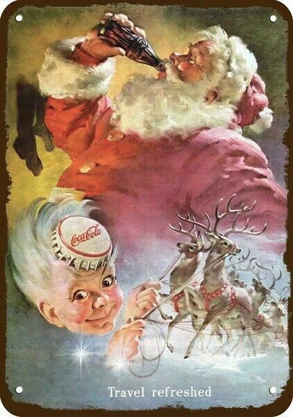 1949 SANTA CLAUS & REINDEER COCA-COLA Vintage Look DECORATIVE REPLICA METAL SIGN