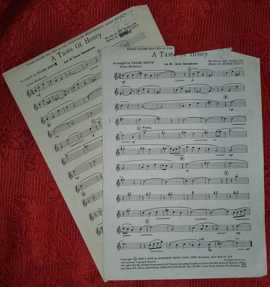 1st/2nd Tenor Saxophone Sheet Music for A Taste of Honey - Ref00074-image